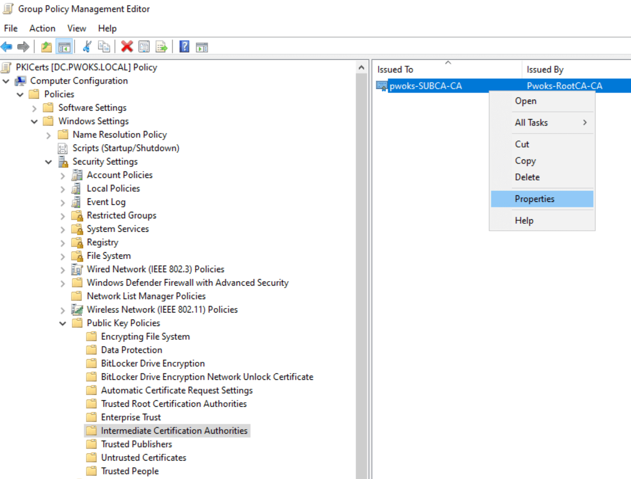 GPO PKICerts SubCA Properties