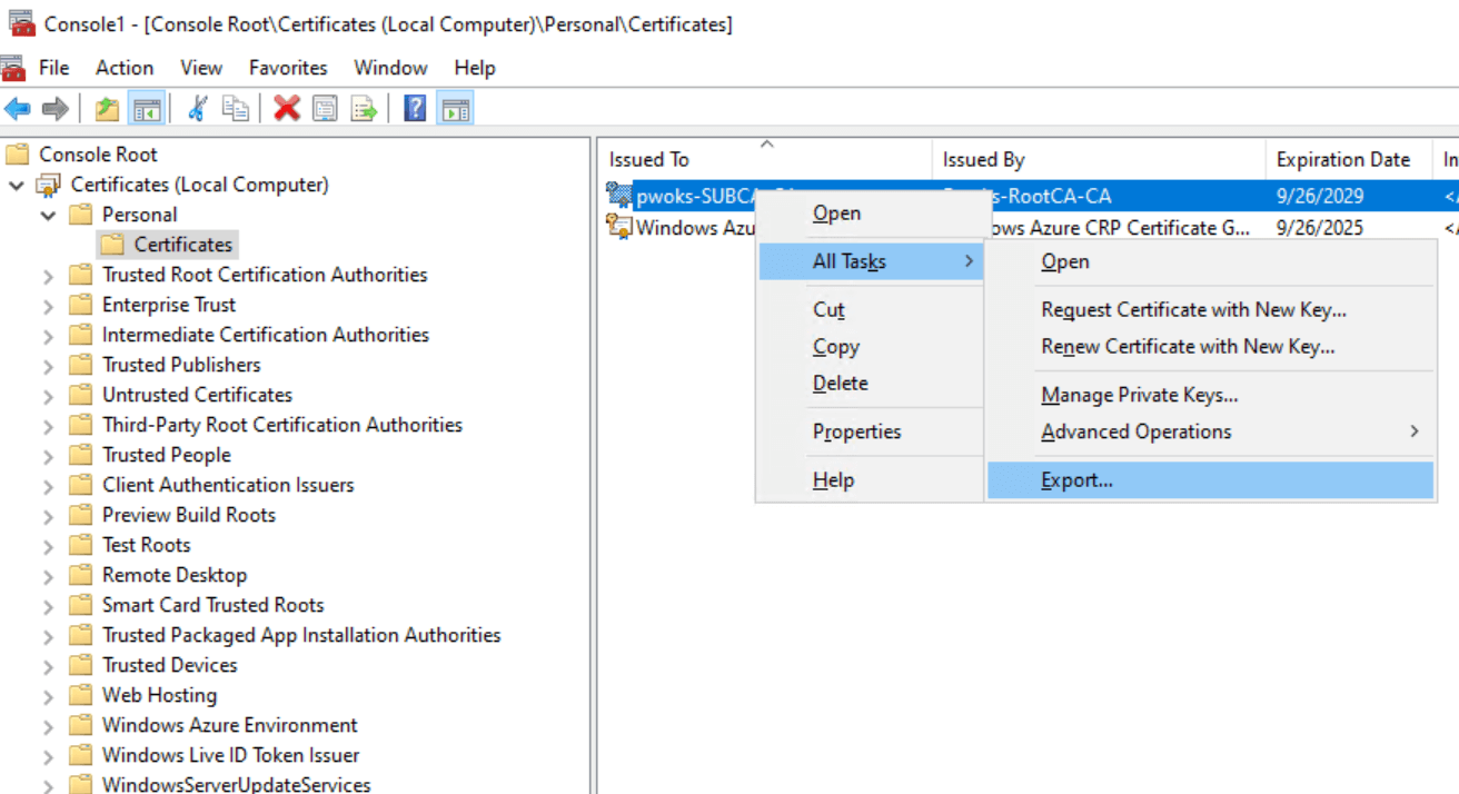 Export SubCA Cert